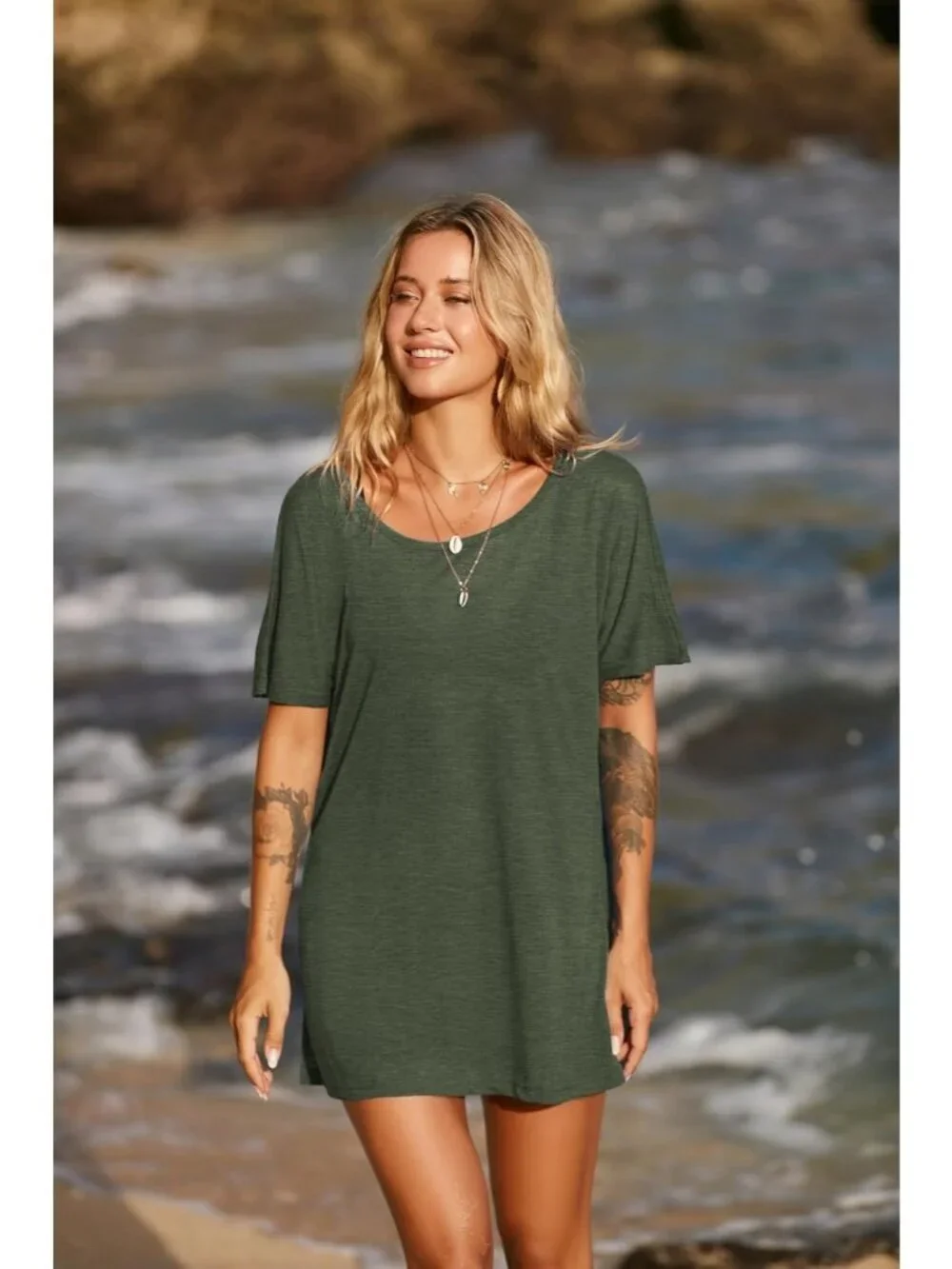 Women's Army Green Short Sleeve Cover Ups for Beach Bathing Suit Swimwear